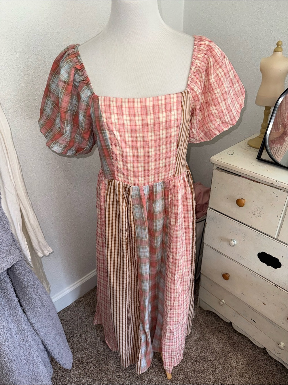 Haptics by Holly Harper Plaid Mixed Madras Boho Dress medium